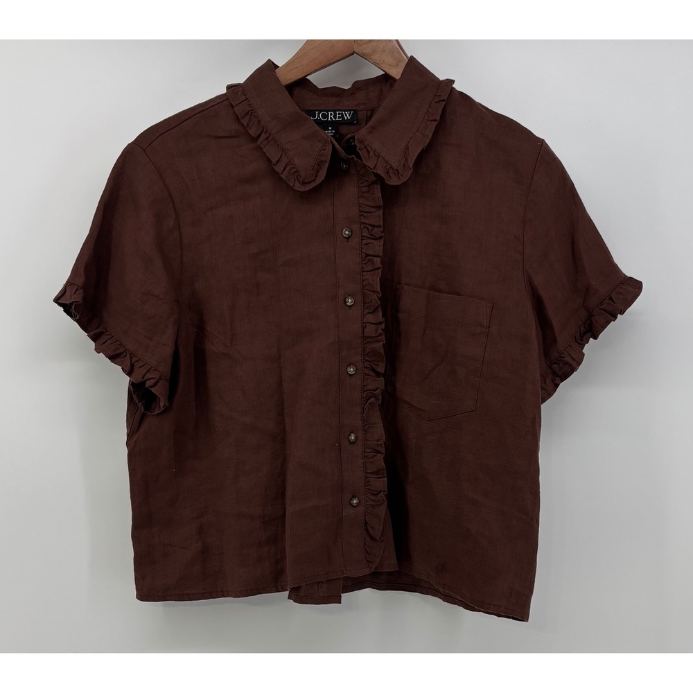 J. Crew Linen Button Up Blouse Women's Medium Brown Ruffle Trim Short Sleeve